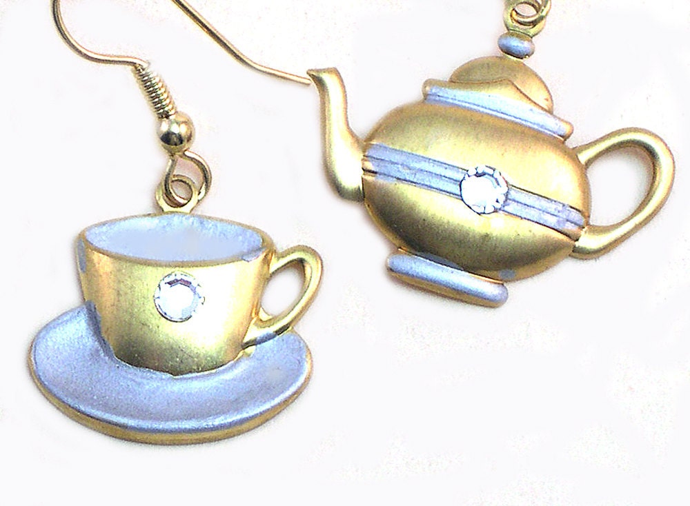 Dangle Tea Earrings Teacup Upcycled Earrings by LizonesJewelry