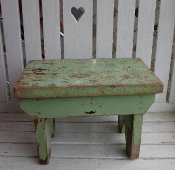 Antique Primitive bench Step Stool ChipPy Green Paint