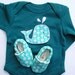 12- 18 months LONG Sleeve Whale Organic Baby Blue Gift Set- One Piece with Whale Applique and Matching Organic Shoes in Blue Bubble Print