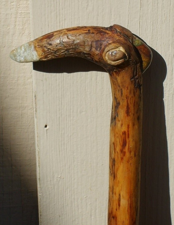 Carved Monterey pine walking stick bird cane