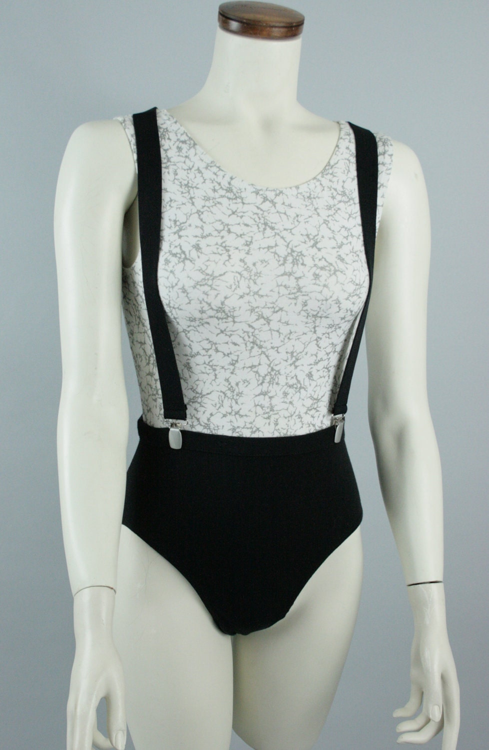 Silver & Black Suspender Leotard Bodysuit