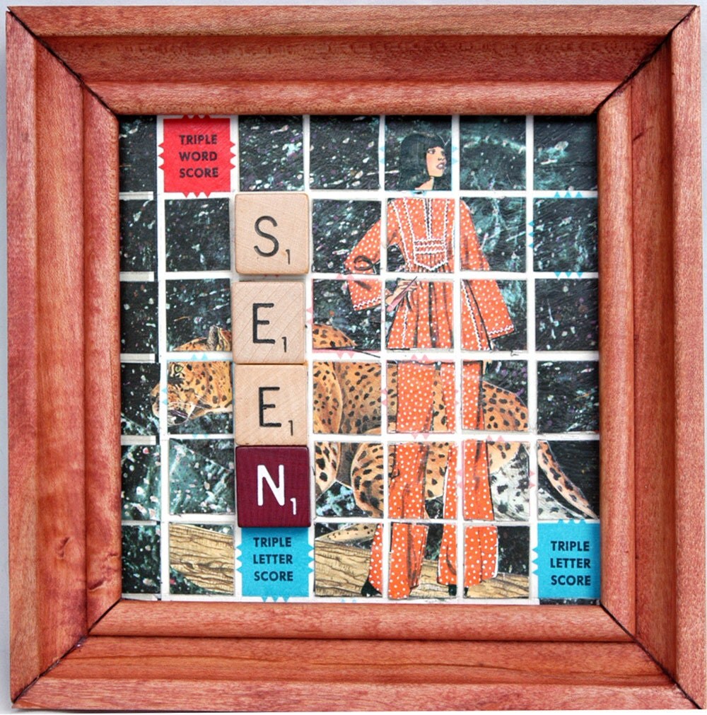 Scrabble Board Wall Art with Vintage Fashion Figure Animal