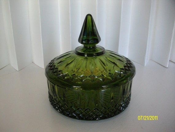 Vintage Green Cutwork Glass Candy Dish