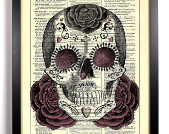 Sugar Skull Day of the Dead, Home, Kitchen, Nursery, Office Decor, Wedding Gift, Eco Friendly Book Art, Vintage Dictionary Print 8 x 10 in.