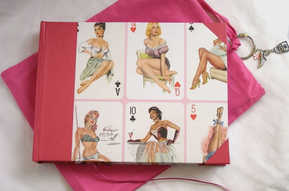 Pink handmade journal with retro pin-up decorative paper
