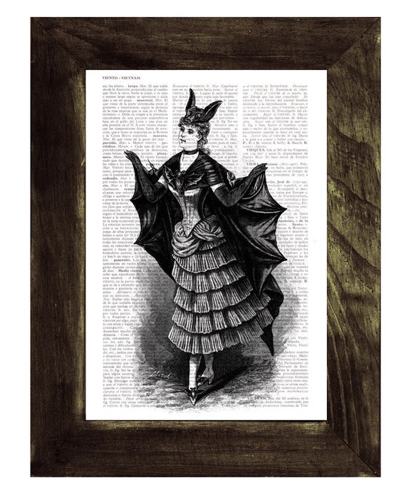 Items similar to Victorian black and white Bat costume Print on Vintage ...