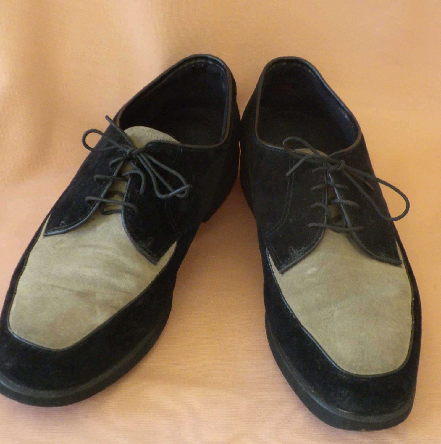 Mens Vintage Suede Shoes / Two Tone / Black and Taupe / Lace