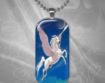 White Pegasus Horse Glass tile pendant with chain(CuFFR22.1)