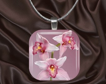 Pink Orchid Glass tile Pendant with chain(CuFl24.4)