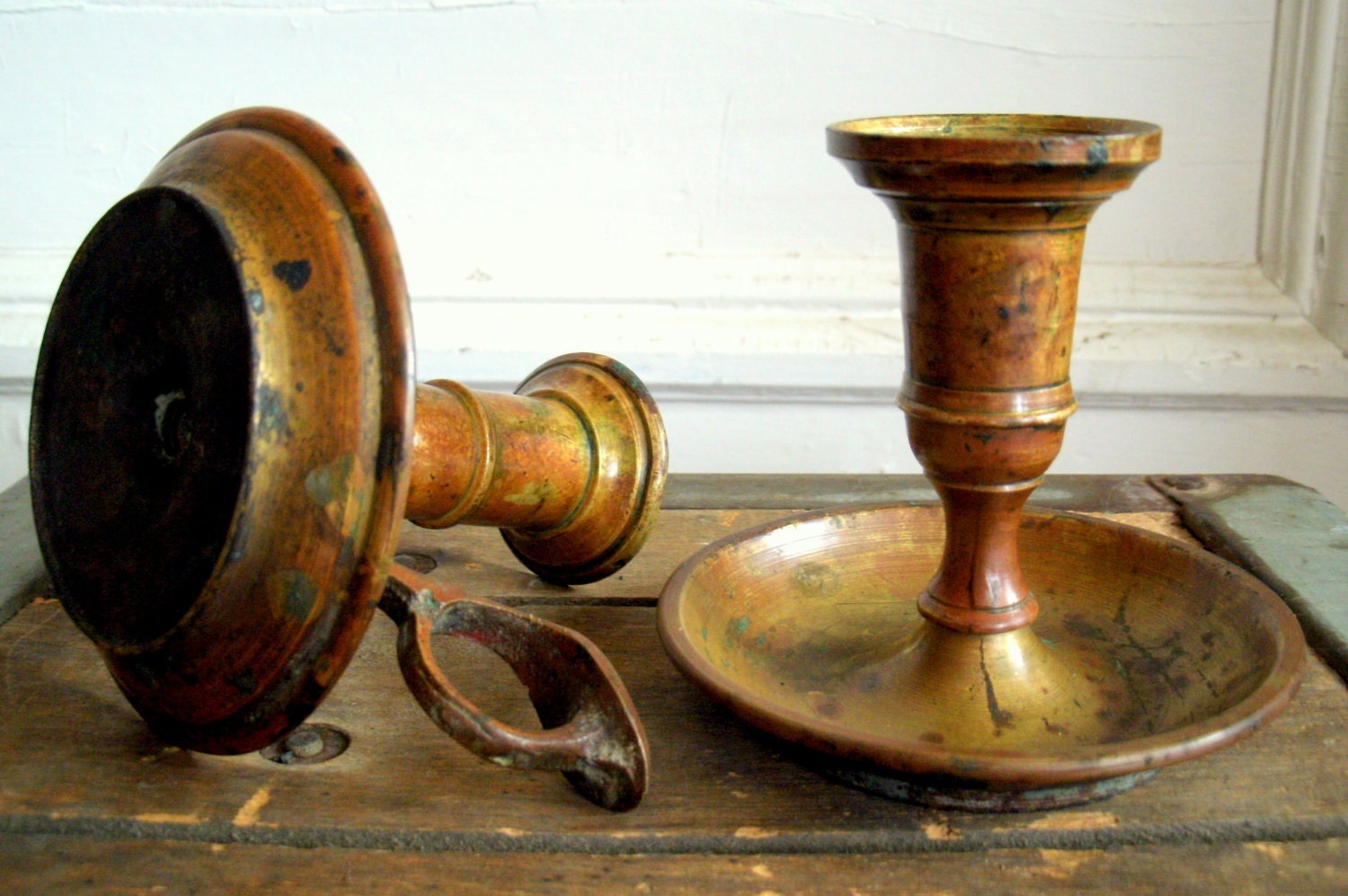 antique-tarnished-brass-chamber-candlesticks-rustic-primitive