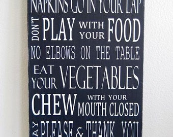 Table Manners / Dinner Rules - Typography Art Sign - Solid Wood Kitchen Sign