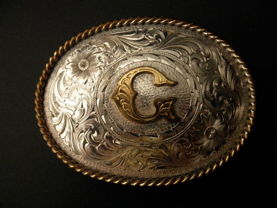 vintage engraved silver western cowboy belt buckle-initial