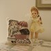 SALE: Victorian Doll with baby carriage Pillow. Pincushion. Woven. Needlepoint Style. Small, with hanging hoop to hang on wall or door.
