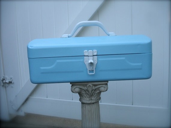 Vintage tiffany blue metal tool box industrial metal tool