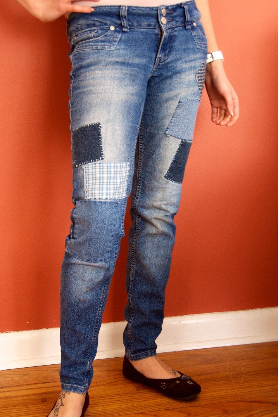 Vintage Style Patched Upcycled Skinny Jeans by ArmadilloDenim