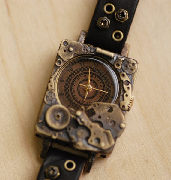 Vintage Retro Steampunk Handcraft Watch with Handstitch Leather Band /// Steampunk - Perfect Gift for Birthday and Anniversary by metaletlinnen steampunk buy now online
