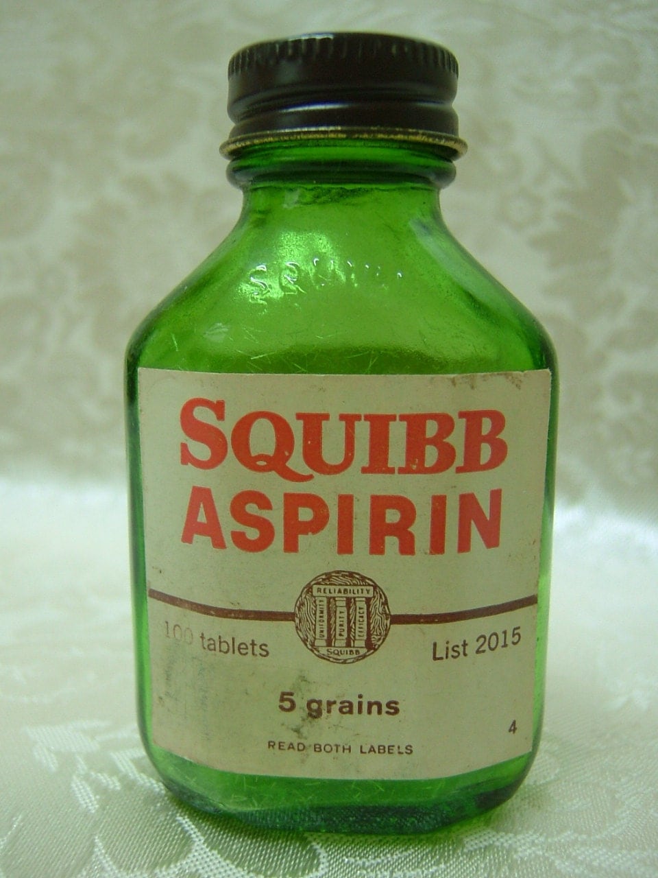 Vintage Squibb Aspirin Green Glass Bottle