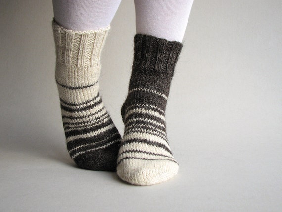 Asymmetrical Hand Knitted Socks - Striped, Woolen, Natural