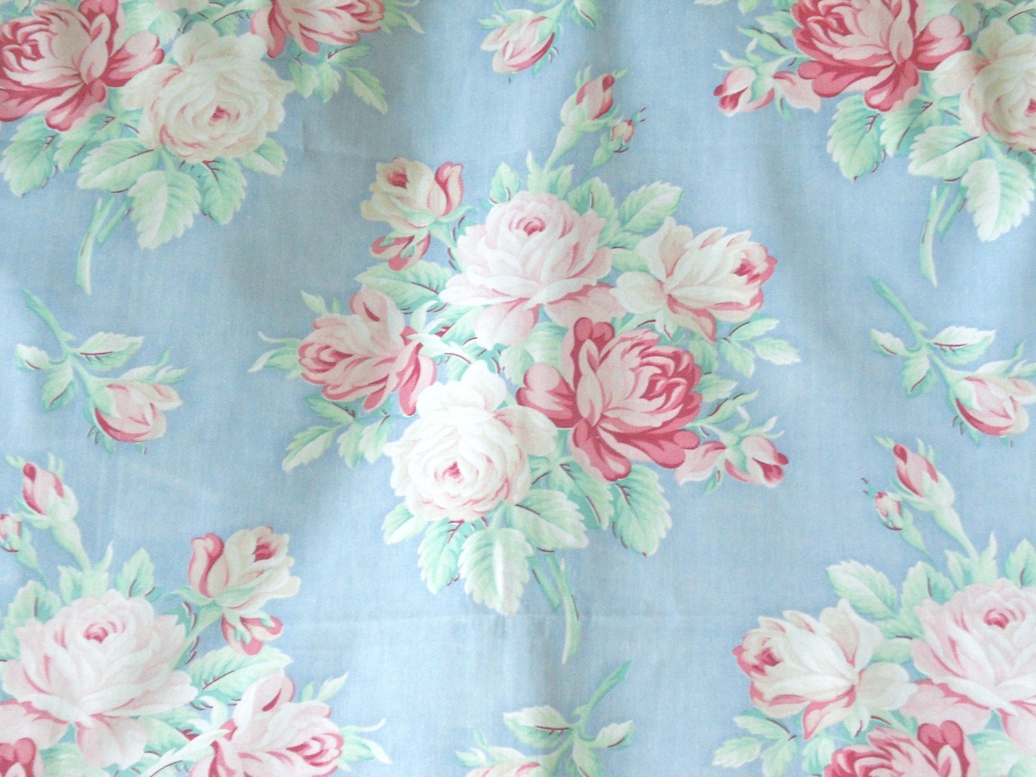 1940s Muted Pink English Cabbage Rose Vintage Fabric Pale Sky