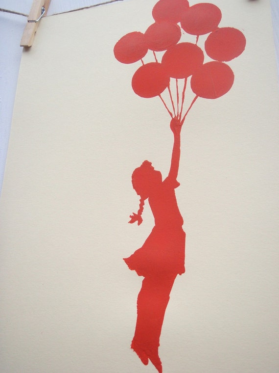 girl floating holding balloons poster orange on pastel yellow