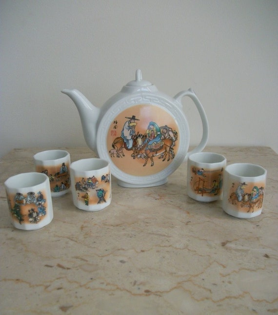 Korean Folk Ceramic Liquor Bottle 6 Piece Set