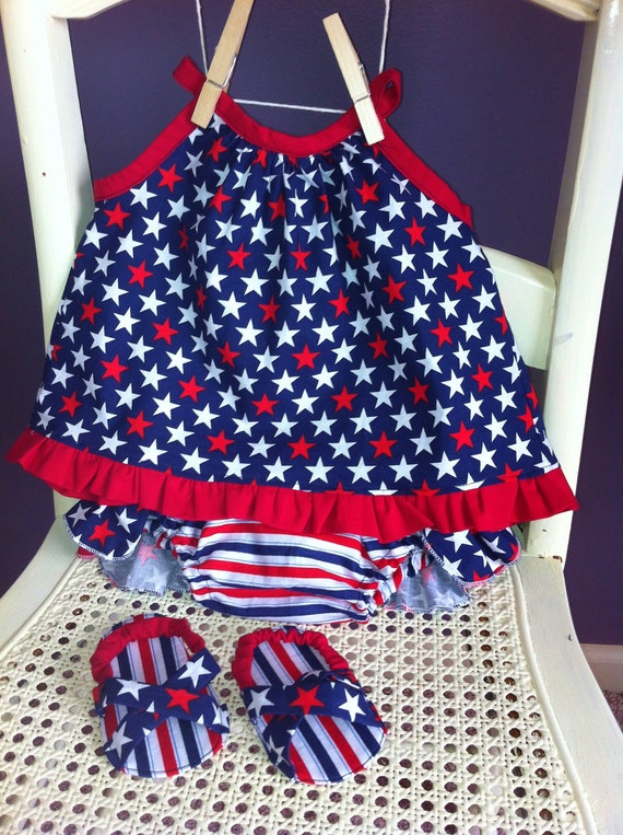 Baby Girl Patriotic Gift Set - open back top, ruffle bloomers, sandals