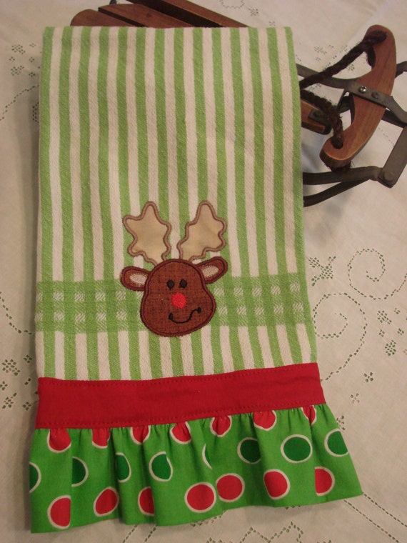 Reindeer applique on hand towel/tea towel stripes and polka
