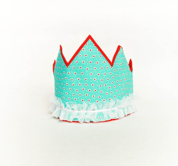 Fabric Birthday Party Crown - Aqua with Red Flowers, Kid Halloween Princess Costume Il_570xn