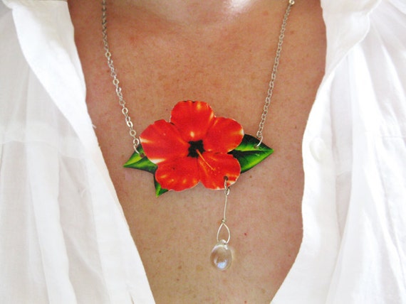 ... Necklace Tangerine Women's Hibiscus with Glass Dew Drop Image Jewelry