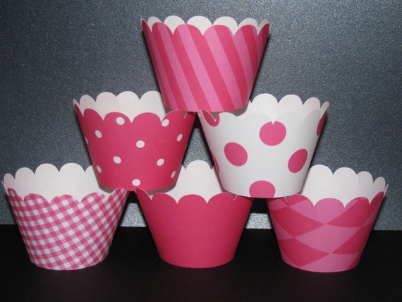 hot pink white Cupcake Wrappers basic collection holder wrap stripes polka dots Il_570xn