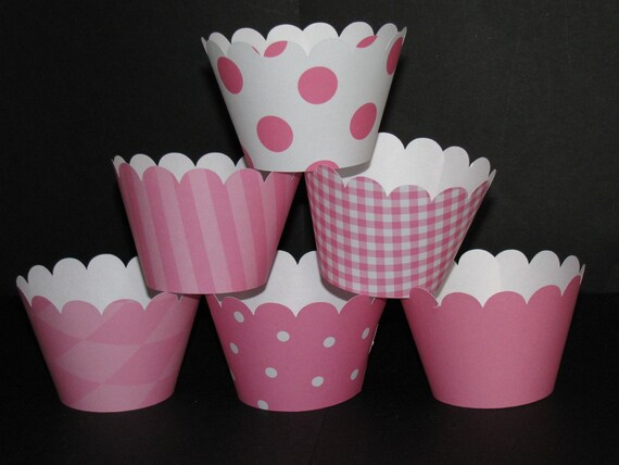 Pink Cupcake Wrappers from my basic collection holder wrap Polka dots stripes Il_570xn