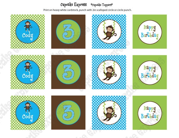 DIY Monkey Birthday Party PRINTABLE Cupcake Toppers Favor tags blue green brown BOY Il_570xn