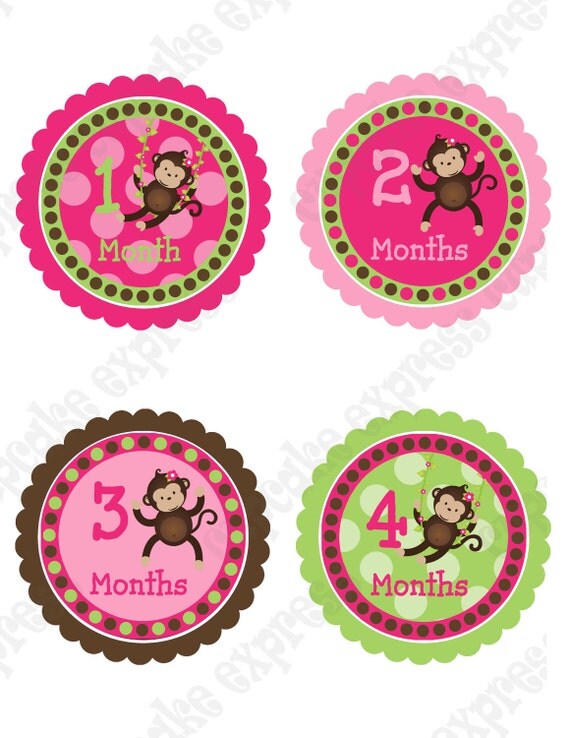 Monkey Girl Monthly Onesie Baby PRINTABLE Stickers Newborn - 12 month baby shower gift 4 in. INSTANT DOWNLOAD hot pink lime green pink Il_570xn