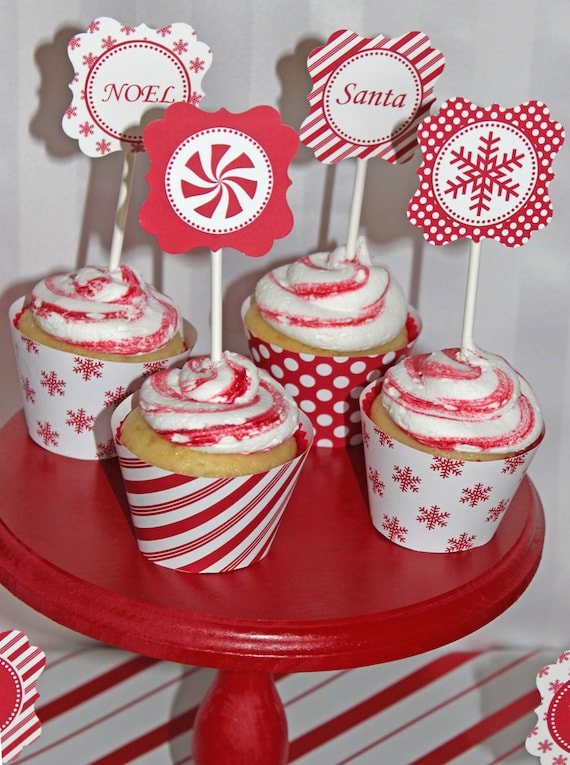 SALE DIY Christmas Holiday candy cane snowflakes Printable Party Circles 2in cupcake toppers red white Il_570xn