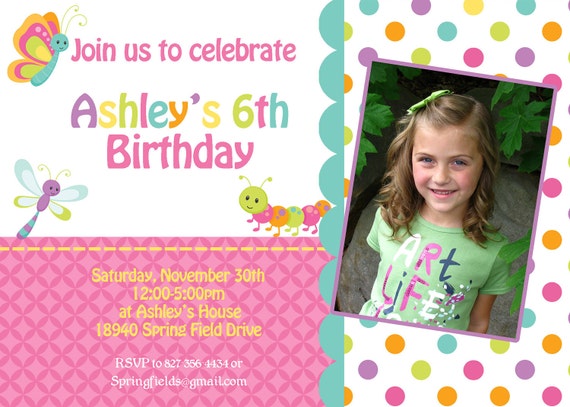 DIY Spring Bugs Birthday Printable Party Photo Invitation pink purple green butterflies lady bugs bees NEED them printed see price chart Il_570xn