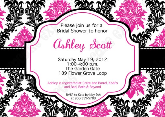 damask hot pink black white PRINTABLE Bridal Shower 2 Invitation 5x7 Pink black baby shower wedding Il_570xn