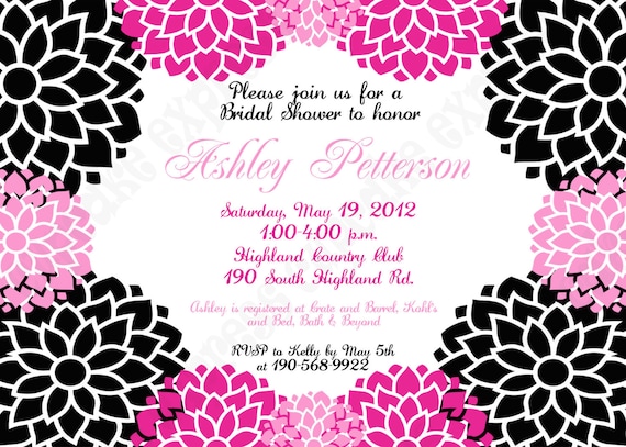 Floral Flower Blossom hot pink black white Bridal Shower 2 Invitation 5x7 Pink black Birthday baby shower wedding Il_570xn
