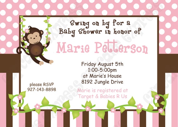 DIY Monkey Baby Girl baby Shower PRINTABLE Invitation 5x7 4x6 pink ...