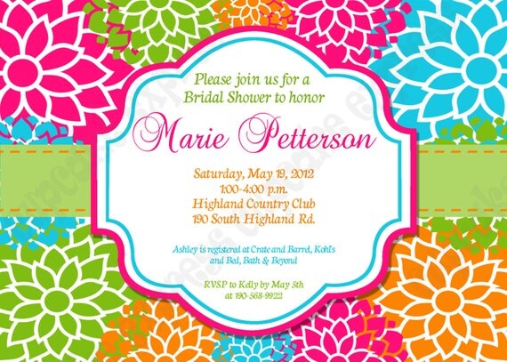 DIY Flower Burst PRINTABLE Shower Invitation 5x7 Bridal Shower hot pink lime green blue orange Il_570xn