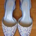 Ready to Ship Size 8 French Blue satin wedding shoes with vintage lace on toe and heel