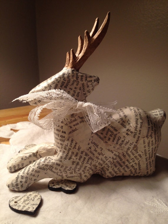 Paper Mache vintage book pages deer twilight bookends art