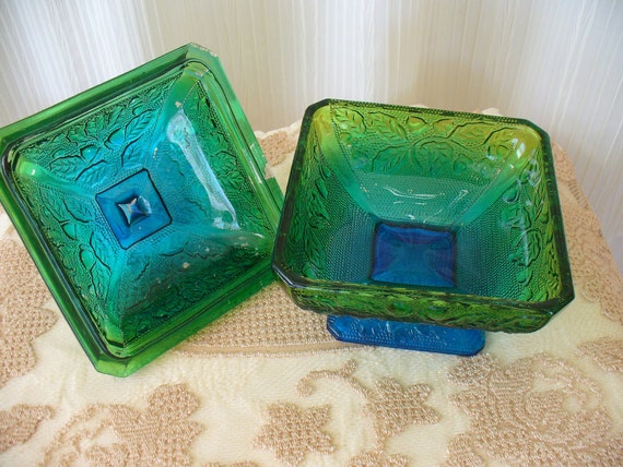 Vintage Green and Blue Candy Dish Pedestal