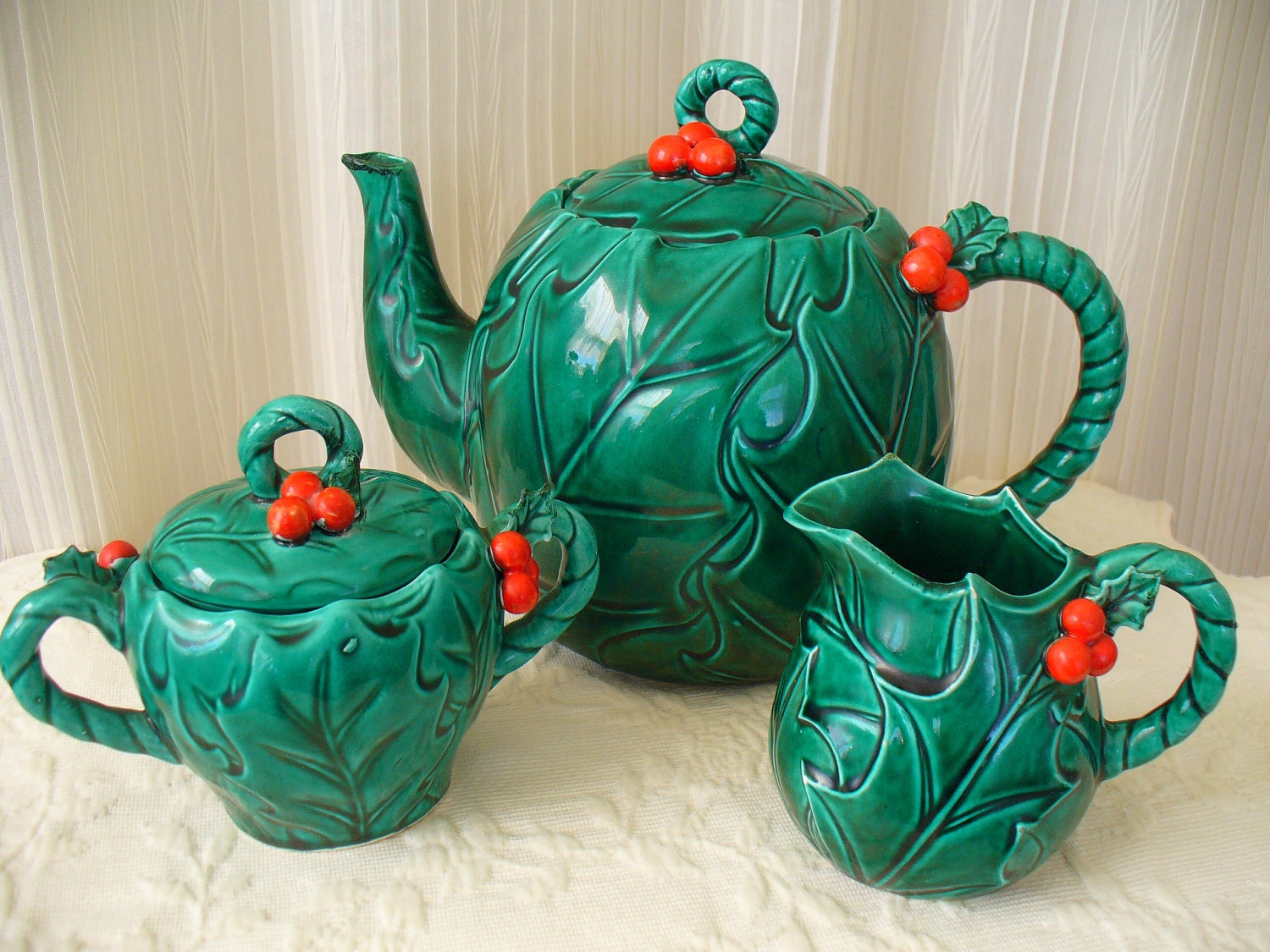 Vintage Holly Berry Teapot Set Holiday Tea Party
