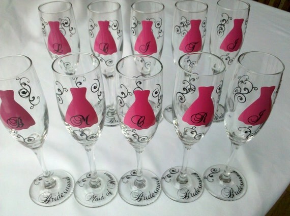 Bridesmaids gift, 10 champagne glasses, Personalized Bachelorette, wedding flutes, fuschia, hot pink, black