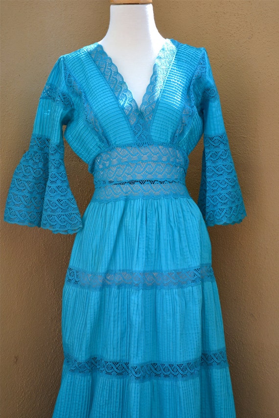 Bright Blue MEXICAN wedding MAXI DRESS with Crocheted