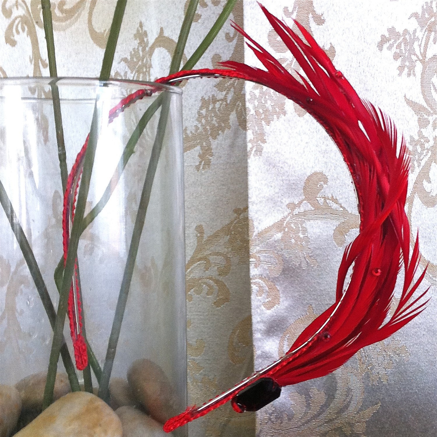 Fire red feather and rhinestone headband