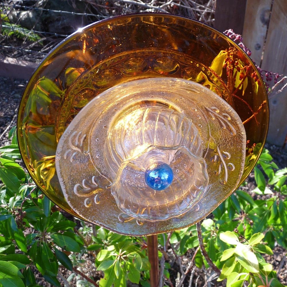Garden art plate flower amber glass sculpture by RecycleRoom
