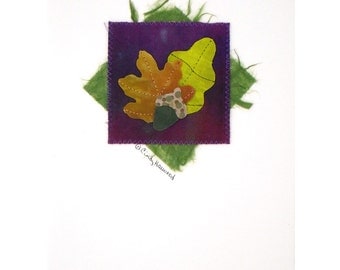 Greeting Card, Fiber Art, Leaves, Orange Yellow Purple Green