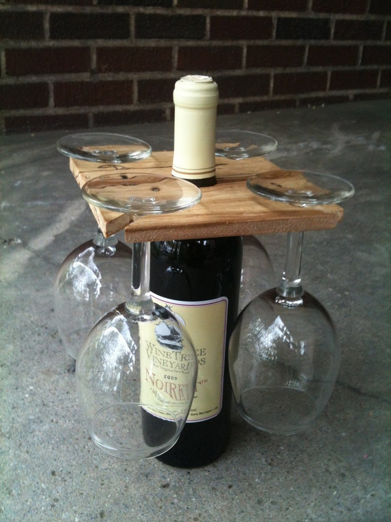 Party of Four hardwood rack for wine bottle and four glasses.