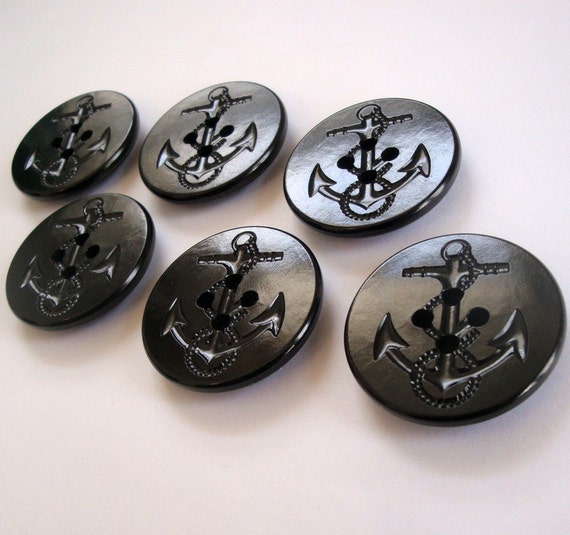 Set of 6 Black Peacoat Buttons US Navy Anchor by whatnotsaplenty